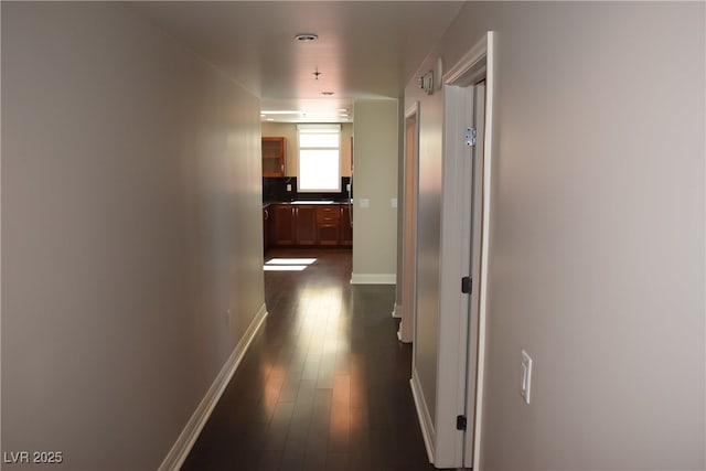 hallway with dark hardwood / wood-style flooring