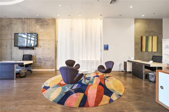 playroom featuring dark wood-type flooring