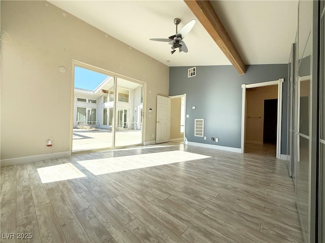 empty room featuring beam ceiling, light hardwood / wood-style floors, high vaulted ceiling, and ceiling fan