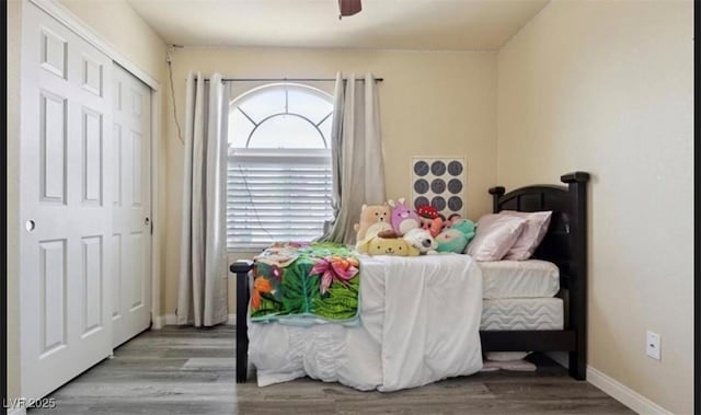 bedroom featuring ceiling fan, a closet, and hardwood / wood-style flooring