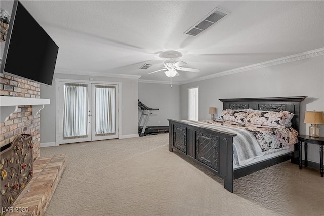 carpeted bedroom featuring ceiling fan, french doors, and crown molding