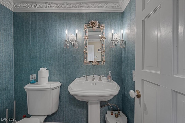 bathroom with ornamental molding and toilet