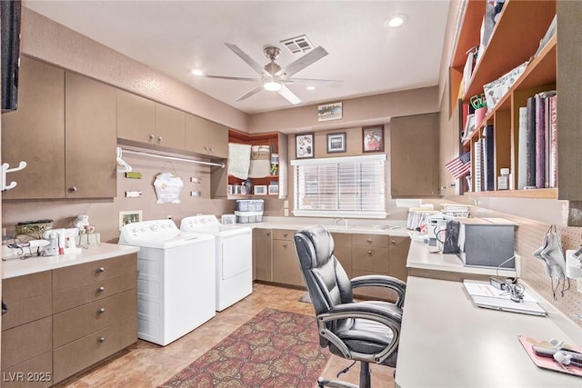 office space featuring a ceiling fan, recessed lighting, visible vents, and independent washer and dryer