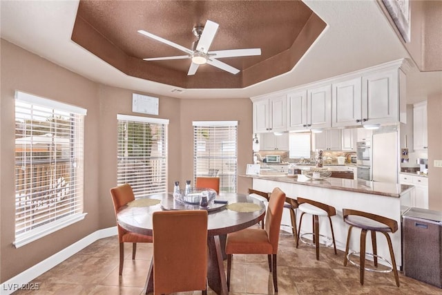 dining room featuring a raised ceiling and ceiling fan