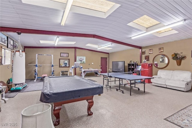 playroom with carpet flooring, lofted ceiling, and pool table