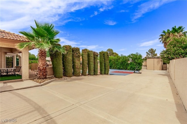 view of patio / terrace with a shed