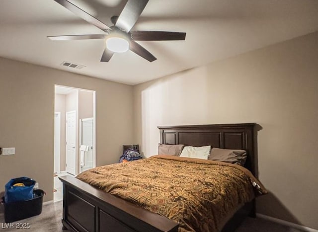 bedroom with ceiling fan and light colored carpet