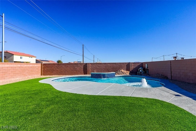 view of pool featuring pool water feature and a yard