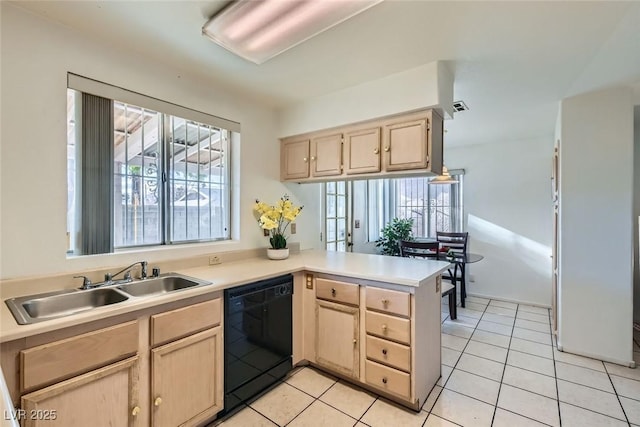 kitchen with sink, black dishwasher, light brown cabinets, and kitchen peninsula