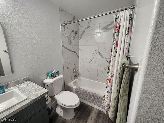 full bathroom with shower / bath combo, vanity, toilet, and hardwood / wood-style floors