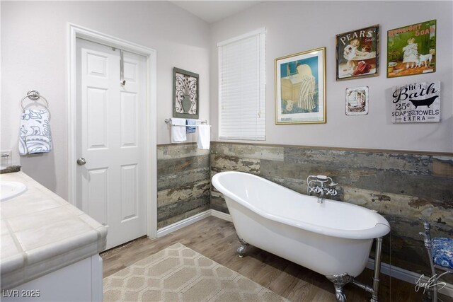 bathroom featuring a freestanding bath, wood finished floors, vanity, and wainscoting