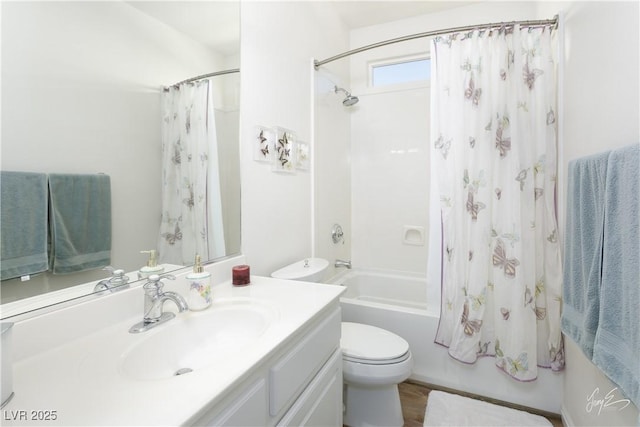 full bathroom with toilet, shower / bath combo, and vanity