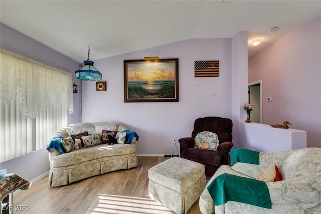 living room with vaulted ceiling and wood-type flooring