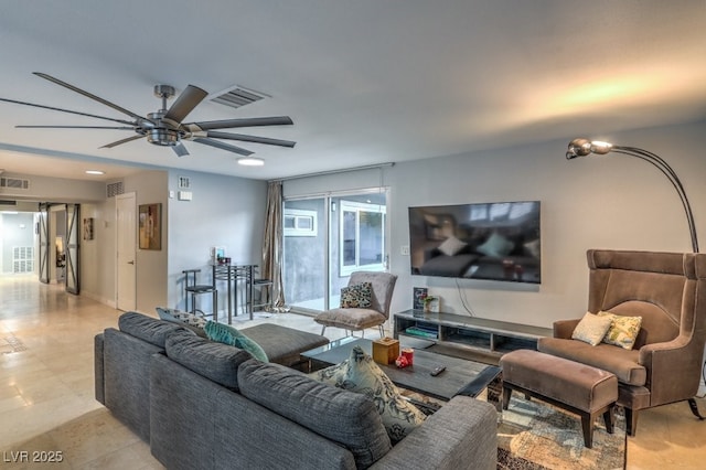 living room featuring ceiling fan