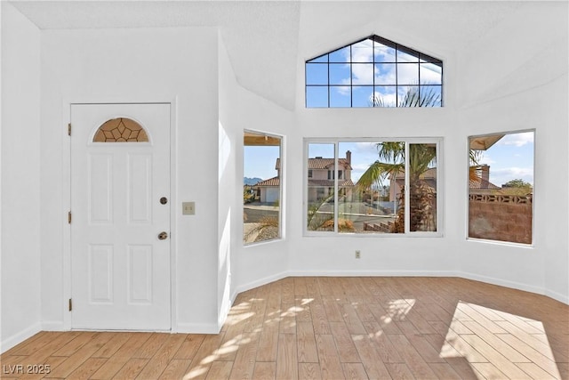 entryway featuring a high ceiling and light hardwood / wood-style flooring