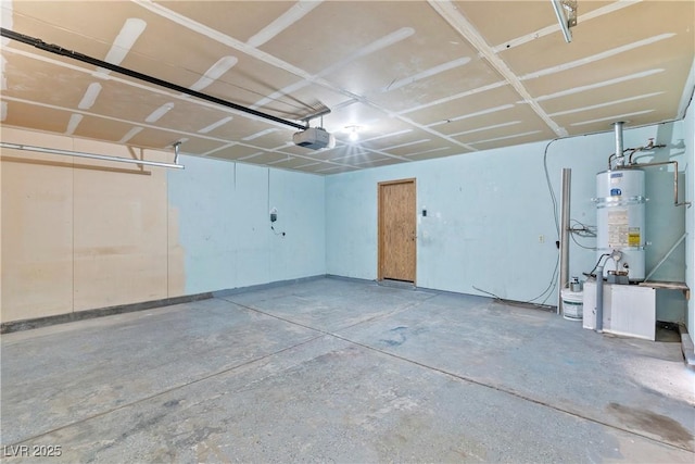 garage with secured water heater and a garage door opener