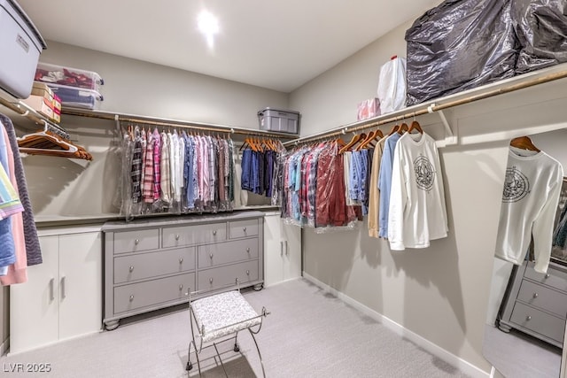 walk in closet featuring light carpet