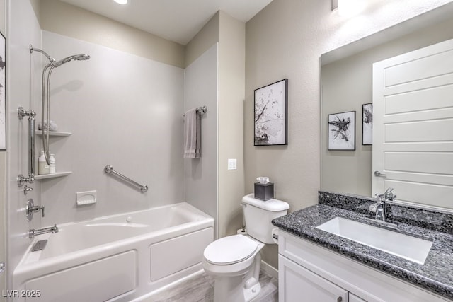 full bathroom featuring vanity, hardwood / wood-style flooring, toilet, and shower / bathtub combination