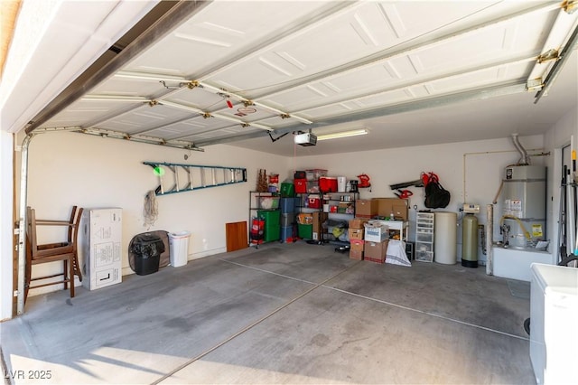 garage featuring a garage door opener and water heater