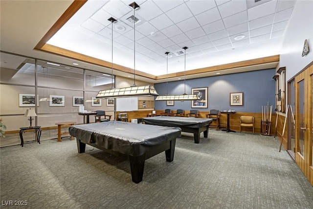 playroom with carpet, a raised ceiling, and pool table