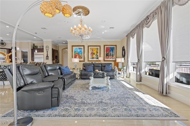 living room with crown molding and a notable chandelier