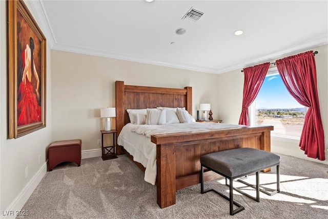 carpeted bedroom with ornamental molding