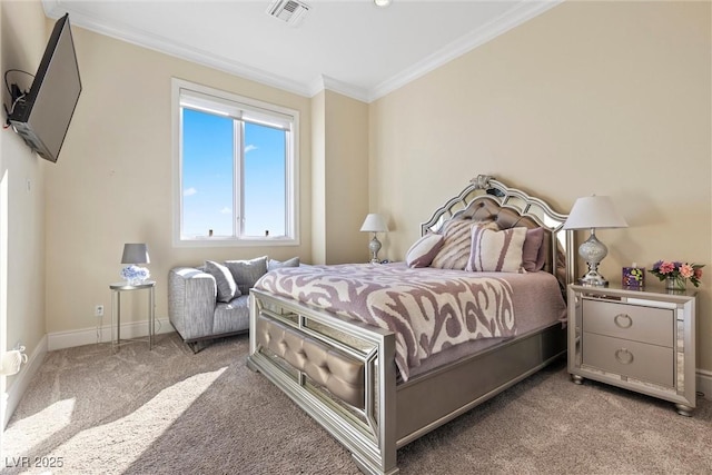 bedroom with light carpet and ornamental molding