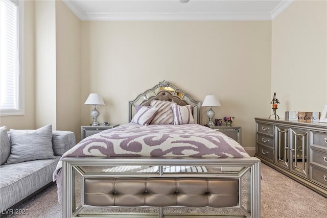 bedroom with crown molding and light carpet