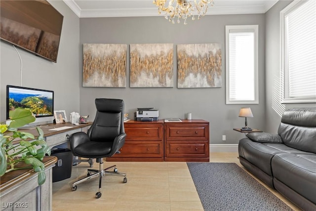 office space featuring crown molding and a notable chandelier