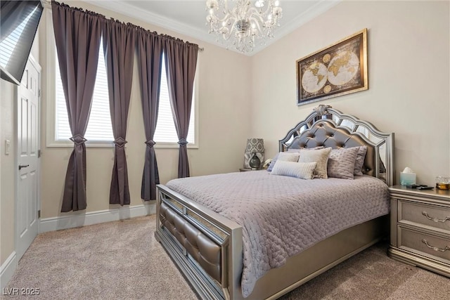 carpeted bedroom featuring an inviting chandelier