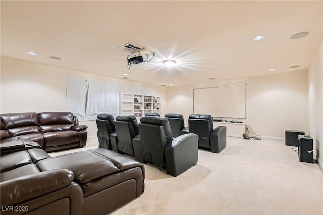 home theater featuring light carpet