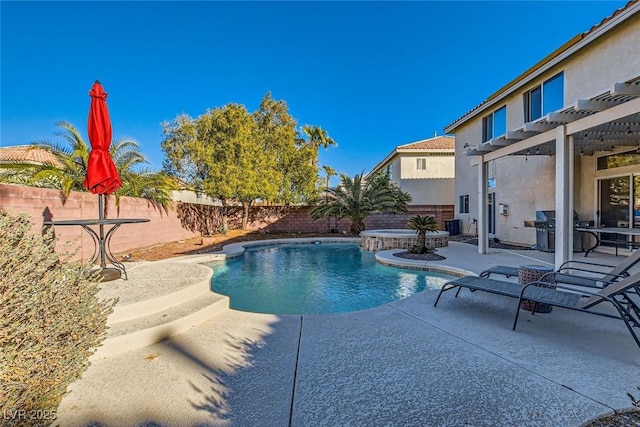 view of swimming pool featuring area for grilling, a pergola, a patio area, and an in ground hot tub