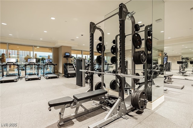 workout area featuring expansive windows and crown molding