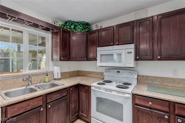 kitchen with dark brown cabinetry, sink, and white appliances