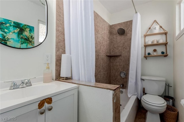 full bathroom featuring vanity, toilet, and shower / bathtub combination with curtain