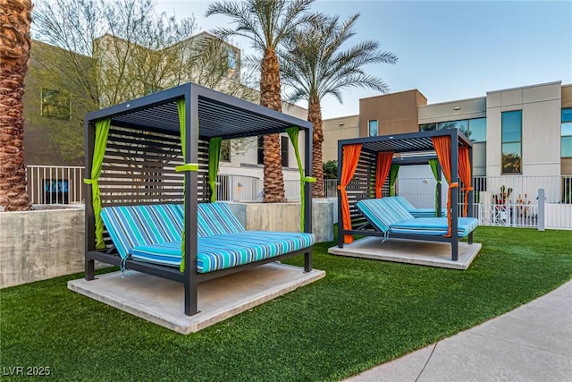 view of jungle gym featuring a yard and fence