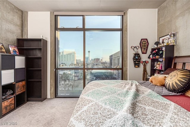 bedroom with expansive windows, a city view, and carpet