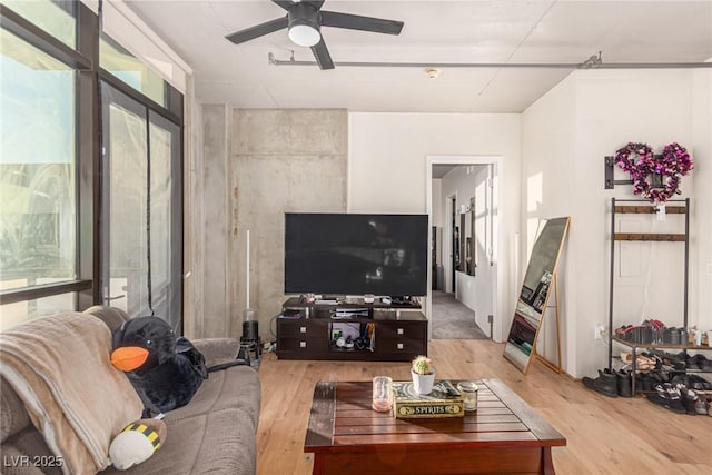 living room with a ceiling fan and light wood finished floors