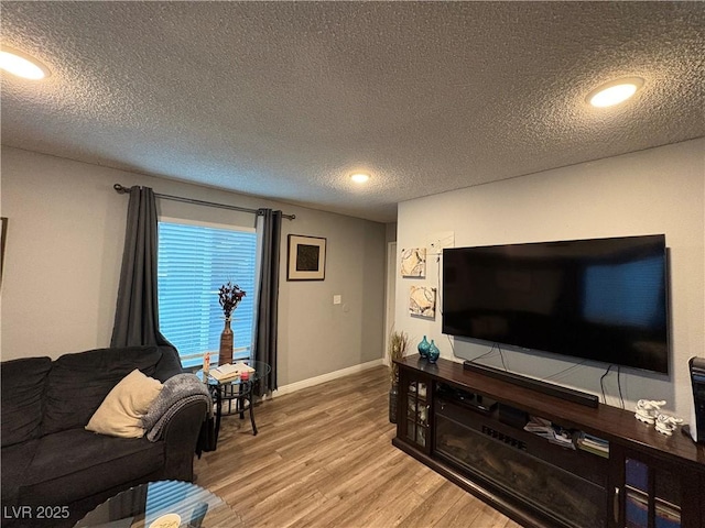 living room with a textured ceiling and hardwood / wood-style flooring