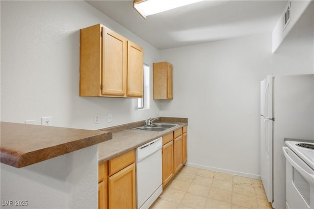 kitchen with a sink, white appliances, baseboards, light floors, and visible vents