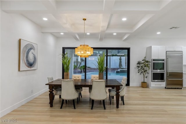 dining area featuring beam ceiling, light hardwood / wood-style flooring, an inviting chandelier, and coffered ceiling