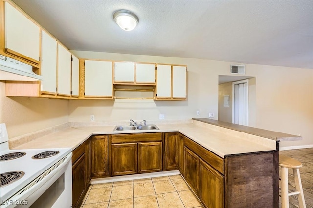 kitchen with kitchen peninsula, ventilation hood, a breakfast bar area, white electric range, and sink