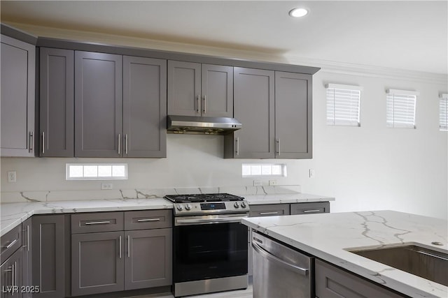 kitchen with gray cabinets, under cabinet range hood, a sink, stainless steel appliances, and light stone countertops