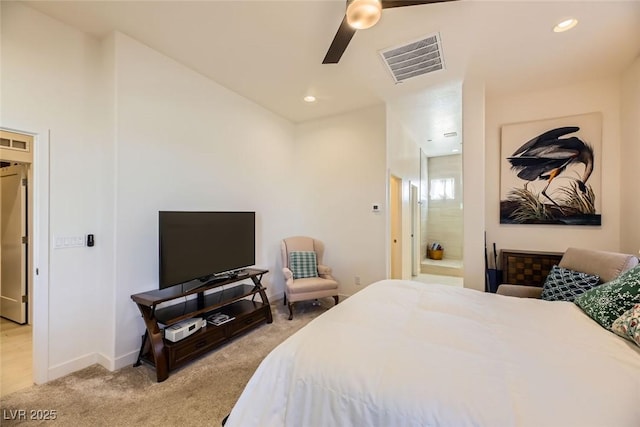 bedroom with light carpet and ceiling fan