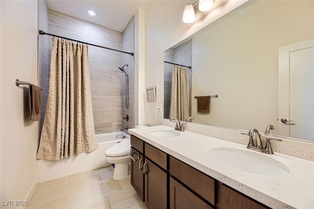 full bathroom with tile patterned floors, toilet, vanity, and shower / bath combo