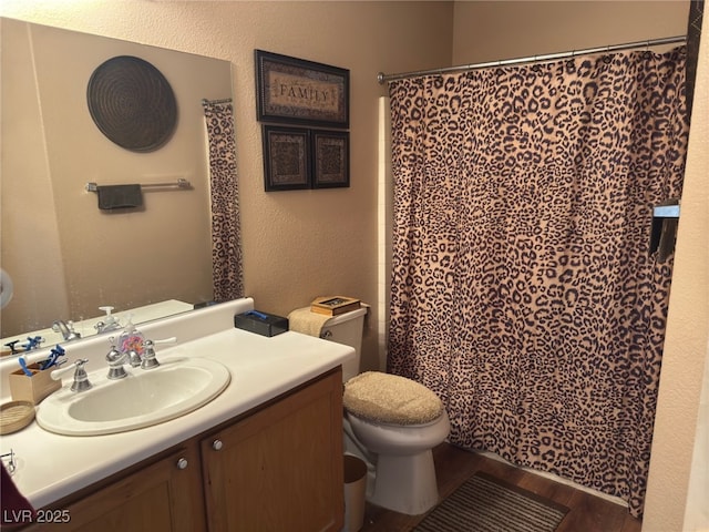 bathroom with a shower with curtain, toilet, vanity, and hardwood / wood-style flooring