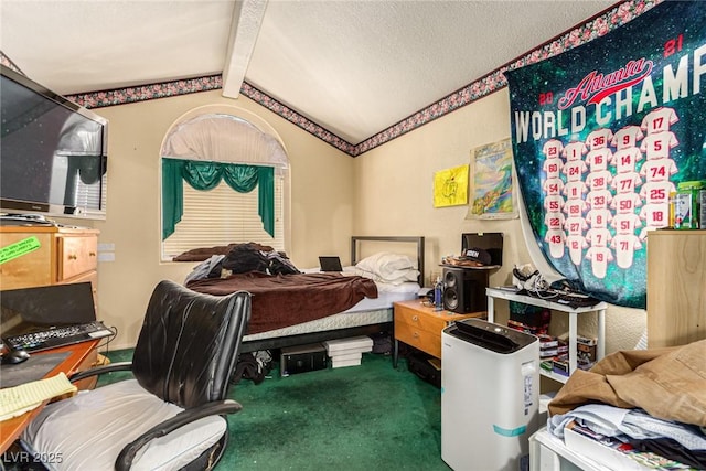 carpeted bedroom featuring vaulted ceiling with beams