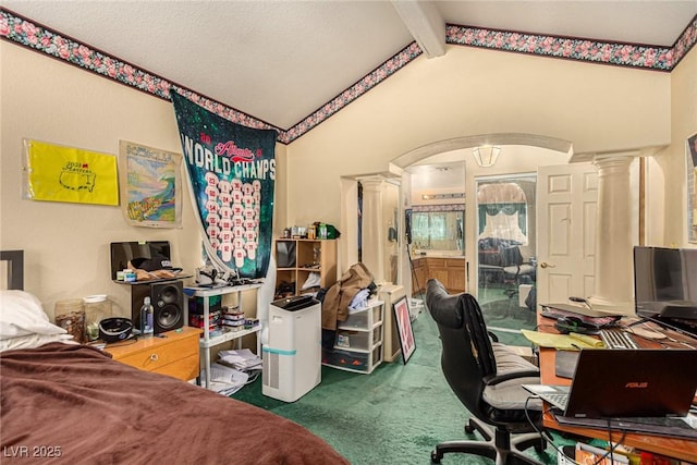 carpeted bedroom featuring lofted ceiling with beams and ornate columns