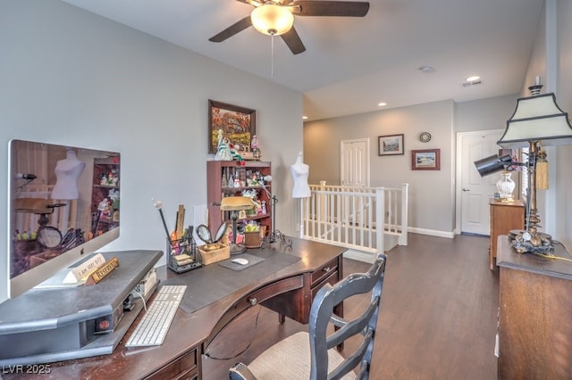 office area featuring dark hardwood / wood-style floors and ceiling fan