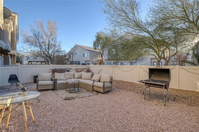 view of yard featuring an outdoor living space and a patio